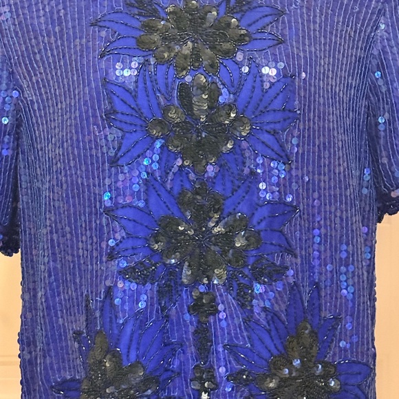Royal Feelings Blue Hand Beaded Sequin Embellished Silk Top - Picture 6 of 7